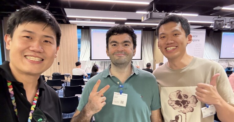 Ex-students Gaurav and Qiao Han with YJ at an Agentic Builders meetup