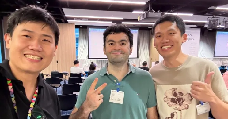 Ex-students Gaurav and Qiao Han with YJ at an Agentic Builders meetup
