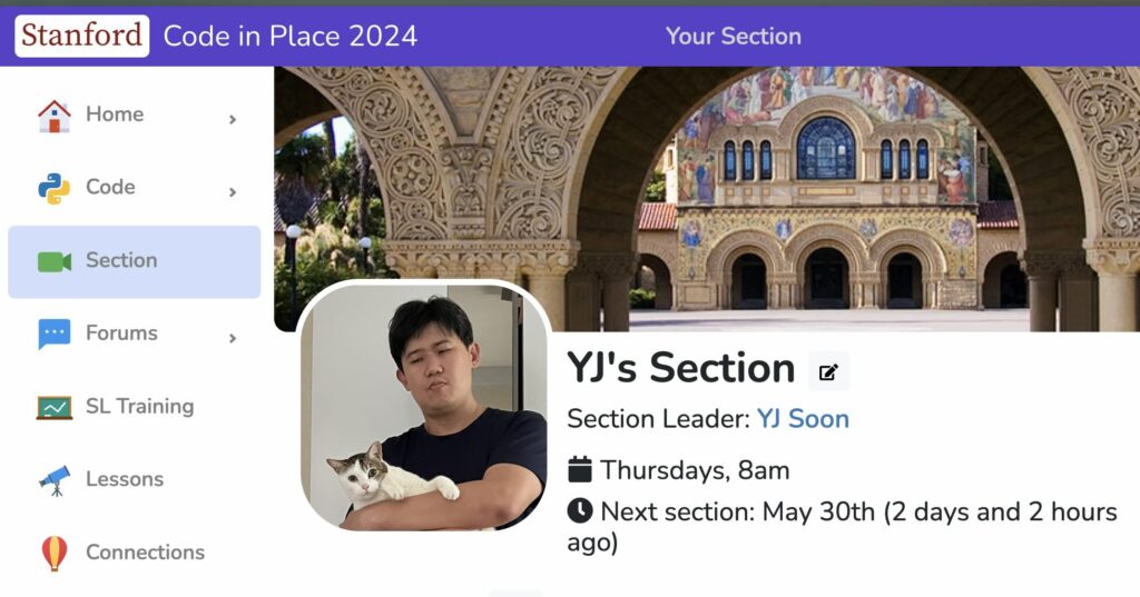 A screenshot of the section homepage, showing "Next section: 2 days and 2 hours ago".